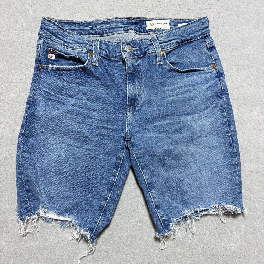 AG Adriano Goldschmied Nikki Short Relaxed Skinny White Denim Frayed Hem Sz 26